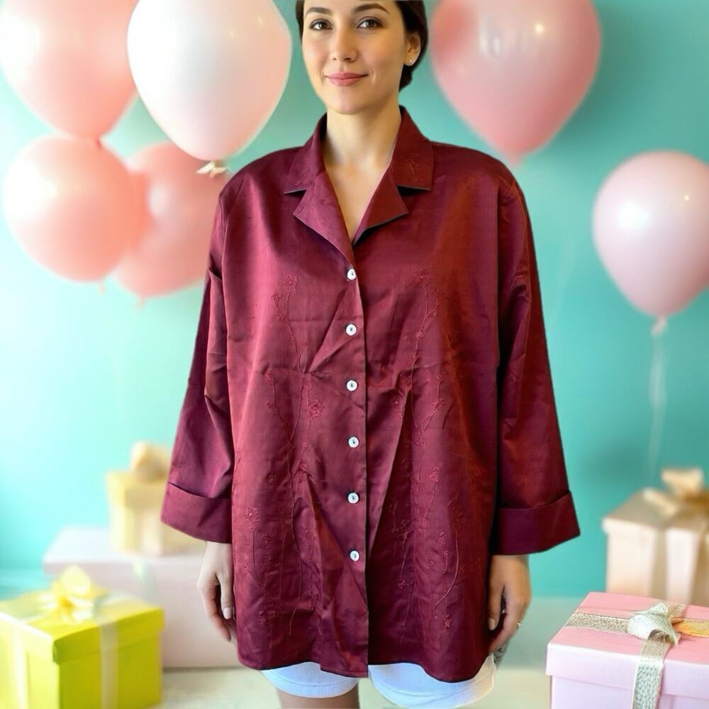 New VTG 90s ANNE CARSON Crimson Silk Button Up Shirt Blouse 2X Luxury Holidays